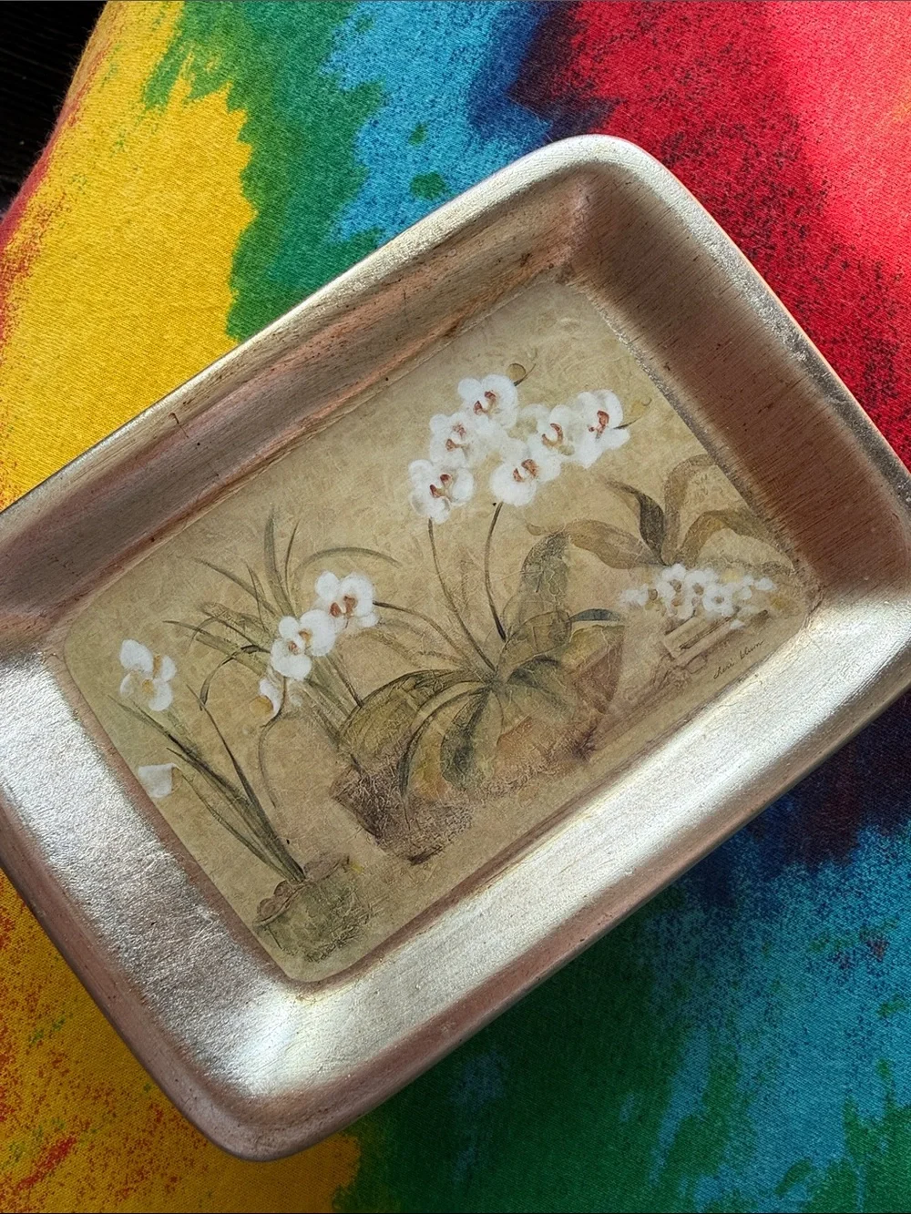 Orchid Motif burnished silver soap Vanity Tray - Decorative Home Bath Organizer